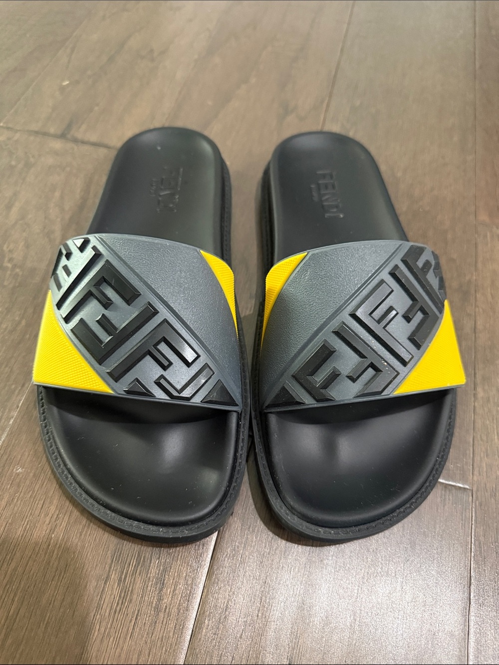 Fendi Black and Yellow Embossed Logo Slide Sandals